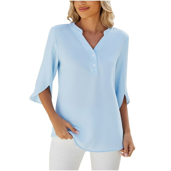 Annhoo 3/4 Sleeve Shirts for Women Summer Button down V Neck Bell Sleeve Tops Trendy Loose Work Tunics