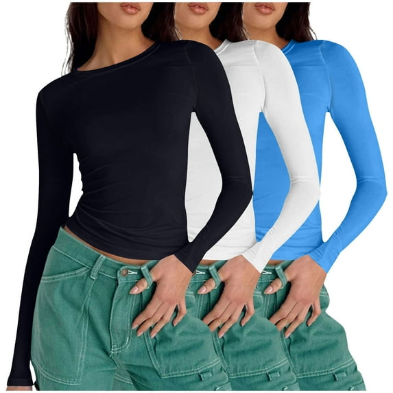 Annhoo 3PCS Fall T Shirt for Women Casual Long Sleeve Round Neck Tight Crop Blouses Basic Solid Color Slim Tops