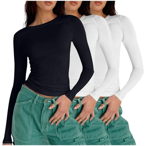 Annhoo 3PCS Fall T Shirt for Women Casual Long Sleeve Round Neck Tight Crop Blouses Basic Solid Color Slim Tops