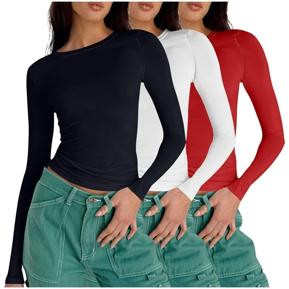 Annhoo 3PCS Fall T Shirt for Women Casual Long Sleeve Round Neck Tight Crop Blouses Basic Solid Color Slim Tops