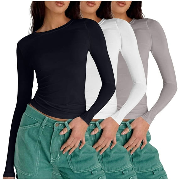 Annhoo 3PCS Fall T Shirt for Women Casual Long Sleeve Round Neck Tight Crop Blouses Basic Solid Color Slim Tops
