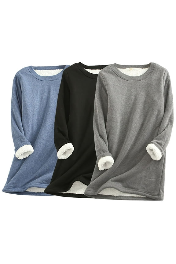 3PCS Womens Fleece Lined Tops Plus Size Long Sleeve Crewneck Plush Shirts Winter Thickened Warm Underwear Blouses