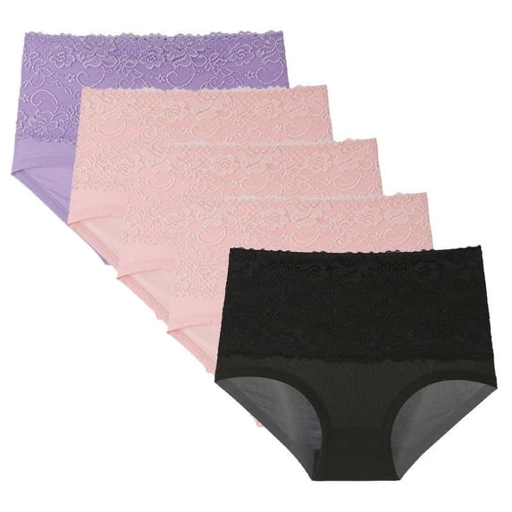 Annhoo 5 Pcs Plus Size Briefs for Women High Waist Lace No Show Panties Underwear Seamless Leakproof Soft Cute Underpants