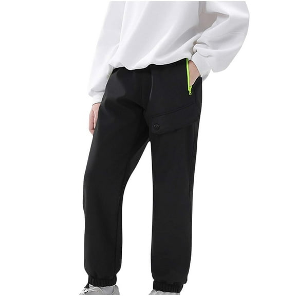 Annhoo 7-16 Years Child Girl's Fleece Sweatpants Zipper Pockets Straight Leg Elastic Waist Pants Casual Thick Warm Trousers