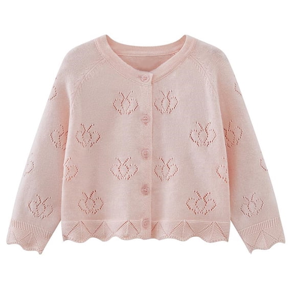 Annhoo 9M-6Y Infant Baby Girls Cardigan Sweater Button Long Sleeve Ruffle Trim Crew Neck Shirts Hollow Out Cute Kids Clothes