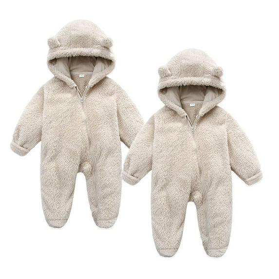 Annhoo Baby Boys Girls Fleece Hooded Romper 2 Pack Winter Long Sleve Footie Snowsuit Cute Plush Warm Clothes Homewear