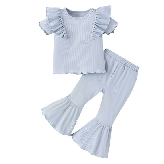 Annhoo Baby Girl Outfits Short Sleeve Ruffle T Shirts and Bell Bottom Pants 2 Piece Summer Knitted Children's Sets