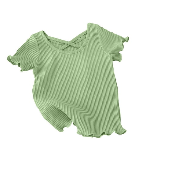 Annhoo Baby Girls Tees Summer Knitted Short Sleeve Crewneck T Shirts Trendy Ribbed Racerback Solid Kids Blouses