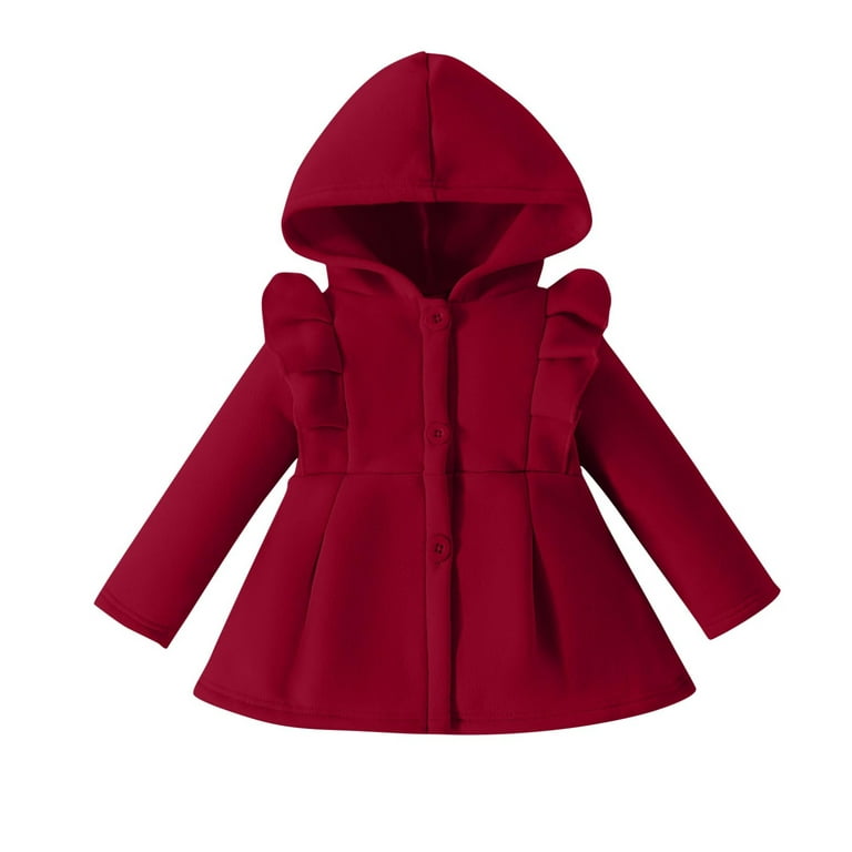 Annhoo Baby Girls Trench Coat Winter Warm Long Sleeve Button Down Thickened Hooded Jacket Infant Cute Ruffle Overcoat Infant Girl s Size 6M Red