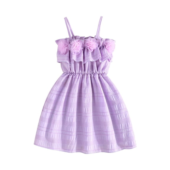 Annhoo Baby Girls Tank Dresses Flower Decoration Spaghetti Strap Ruffle Solid Color Sleeveless Dress 4-9 Years