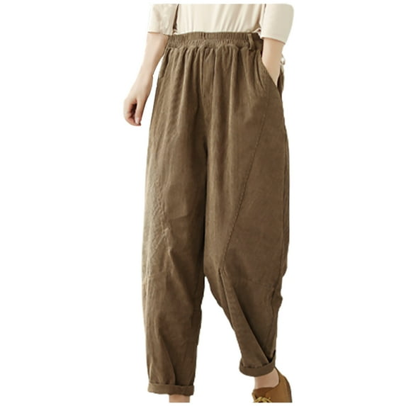 Annhoo Baggy Corduroy Pants for Women Casual Elastic Waist Tapered Pants Ladies Vintage High Waisted Trousers with Pockets