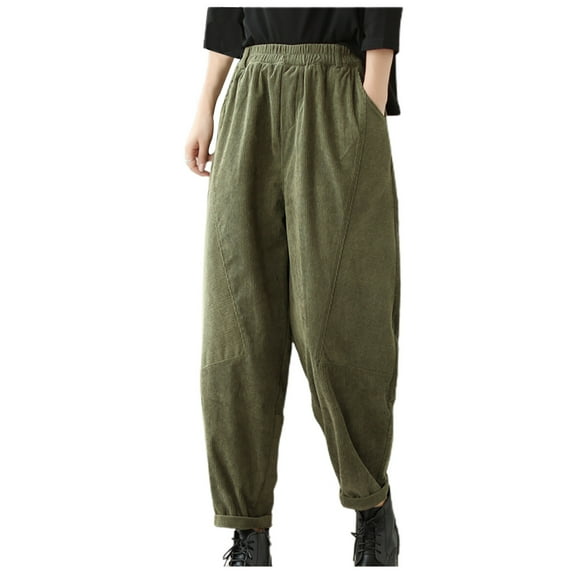 Annhoo Baggy Corduroy Pants for Women Casual Elastic Waist Tapered Pants Ladies Vintage High Waisted Trousers with Pockets