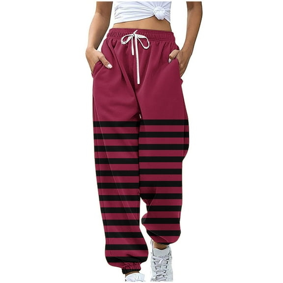 Annhoo Baggy Sweatpants Women Drawstring High Waisted Striped Joggers Casual Workout Fitness Color Block Pants