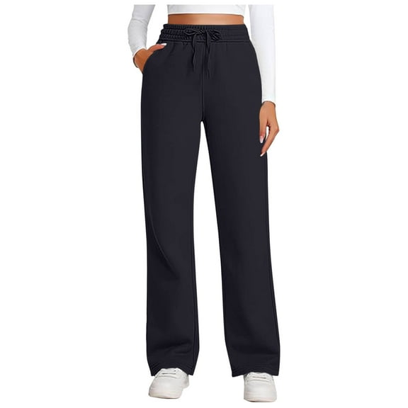 Annhoo Baggy Sweatpants for Women Casual Drawstring Straight Leg Trousers Solid High Waisted Pants with Pockets