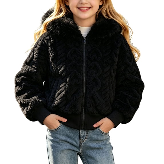 Annhoo Big Boys Girls Zip Hooded Jackets Winter Fleece Long Sleeve Outdoor Coat Cute Fashion Cropped Outerwear