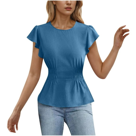 Annhoo Blouses for Women Dressy Casual Business Ruffle Short Sleeve Tops Summer Crew Neck Peplum Smocked Shirts