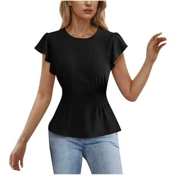 Annhoo Blouses for Women Dressy Casual Business Ruffle Short Sleeve Tops Summer Crew Neck Peplum Smocked Shirts