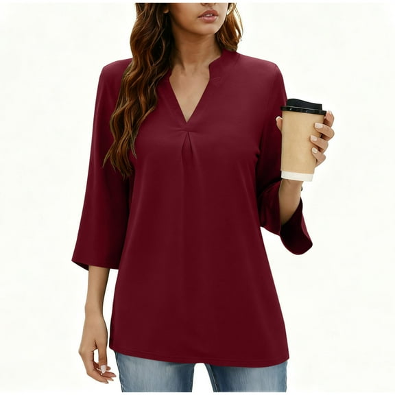 Annhoo Blouses for Women V Neck 3/4 Sleeve Solid Color Casual Shirts Breathable Hiking Outdoor Vacation Comfy Trendy Tops Outfits