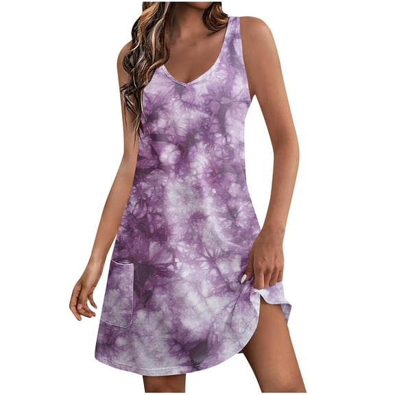 Annhoo Boho Dress for Women Summer Sleeveless V Neck Beach Dresses Trendy Printed Mini Sundress with Pockets