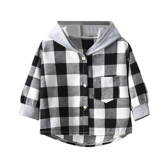 Annhoo Boys Girls Plaid Hooded Shirts Fall Classic Button down Long Sleeve Tops Kids Casual Outwear with Pocket