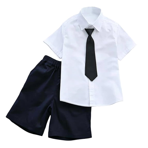 Annhoo Boys Girls Uniform Set Short Sleeve Collar Neck with Tie and Elastic Waist Shorts with Pockets Outfits