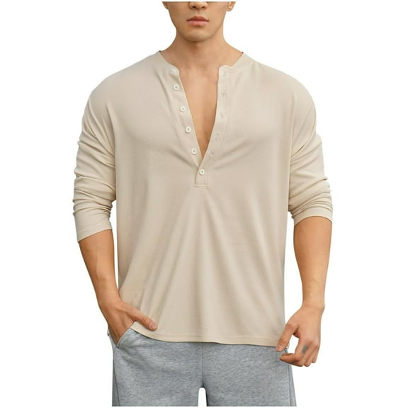 Annhoo Breathable Shirts for Men Long Sleeve Button Down V Neck Lightweight Stretch Plain Tops Casual Soft Clothes