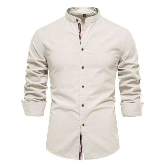 Annhoo Business Button Down Shirts Cotton Long Sleeve Stand Collar Blouse Comfy Solid Color Work Office Tops for Men