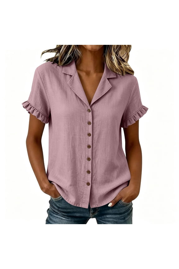 Button Down Shirts for Women Lapel Collar Ruffle Short Sleeve Blouses Breathable Casual Work Office Tops