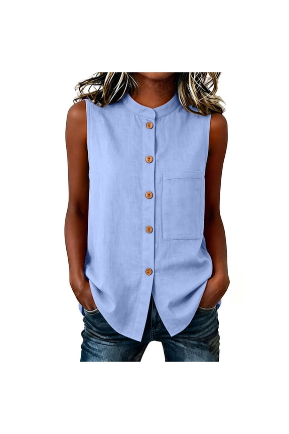 Button Down Tank Shirt for Women Collar Mock Neck Chest Pocket Sleeveless Blouse Fashion Dressy Work Tops