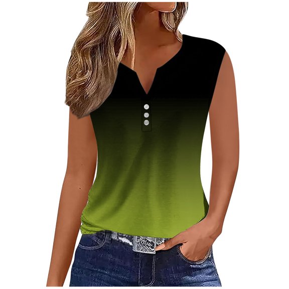 Annhoo Button Front Tank Tops for Womens Summer Sleeveless Gradient Tunic Shirt V Neck Casual Trendy Slim Blouse