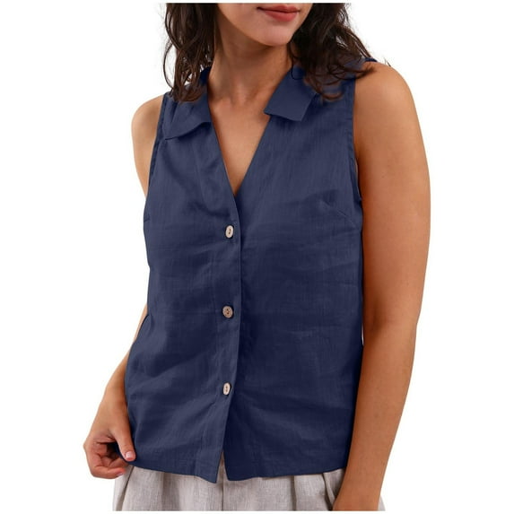 Annhoo Button Shirts for Women Sleeveless Lapel Collared V Neck Tank Tops Summer Loose Beach Lounge Blouses