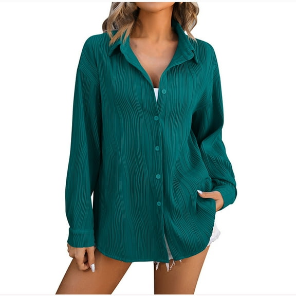 Annhoo Button down Shirts for Women Fall Long Sleeve Lapel Textured Blouses Elegant Office Work Dress Tops