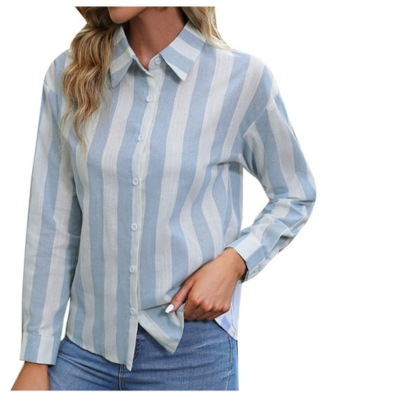 Annhoo Button down Shirts for Women Fashion Stripes Print Long Sleeve Tops Fall Casual Collared Lapel Cotton Tops