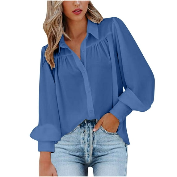 Annhoo Button down Shirts for Women Plus Size Lapel Long Sleeve Pleated Blouses Elegant Business Casual Tops