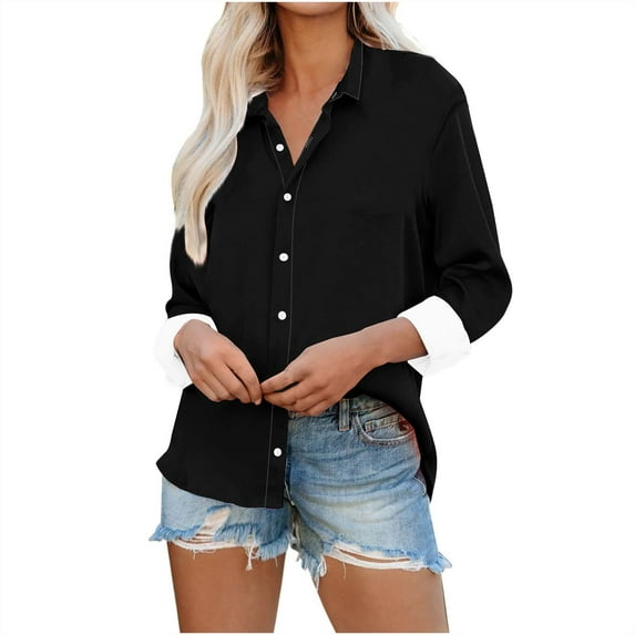 Annhoo Button down Shirts for Women Plus Size Long Sleeve Lapel Solid Blouses Ladies Casual Loose Fall Tops
