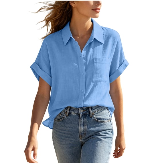 Annhoo Button down Shirts for Women Summer Casual Short Sleeve Collared Blouses Plus Size Loose Tops with Pockets