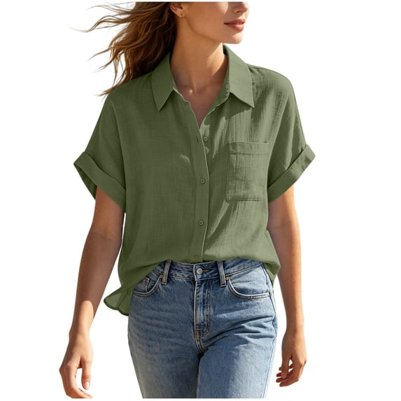 Annhoo Button down Shirts for Women Summer Casual Short Sleeve Collared Blouses Plus Size Loose Tops with Pockets