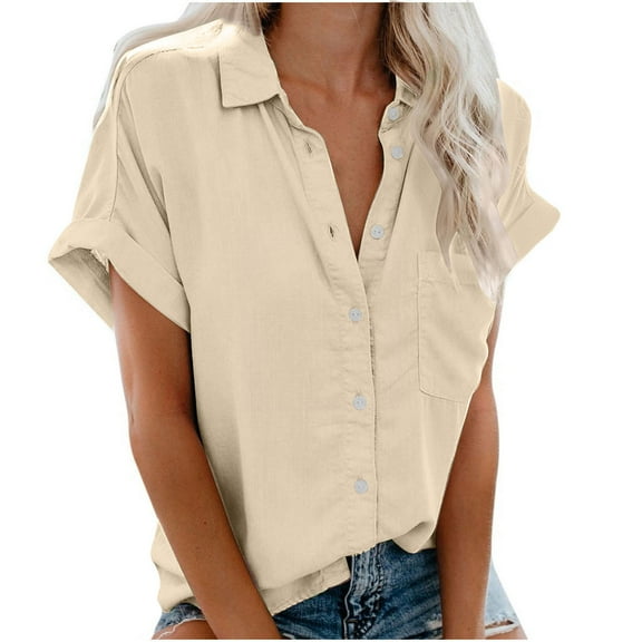 Annhoo Button down Shirts for Women Summer Casual Short Sleeve Collared Blouses Plus Size Loose Tops with Pockets