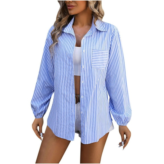 Annhoo Button down Shirts for Women Trendy Stripes Print Long Sleeve Lapel Tops Fall Casual Blouses with Pocket