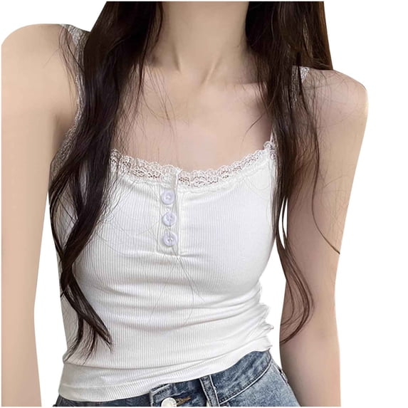 Annhoo Camisole for Women Casual Spaghetti Strap V Neck Plain Lace Trim Slim Ribbed Basic Tank Tops Soft Clothes