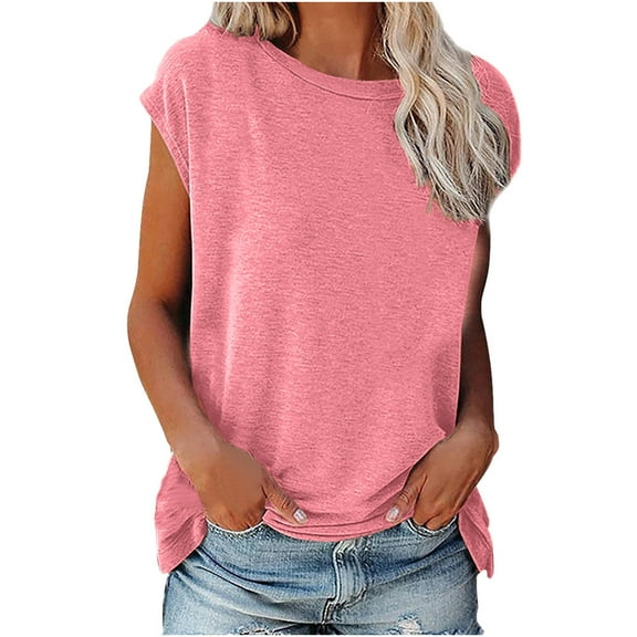 Annhoo Cap Sleeve Shirts for Women Plus Size Summer Basic Round Neck Tops Casual Solid Color Beach Vacation Tees