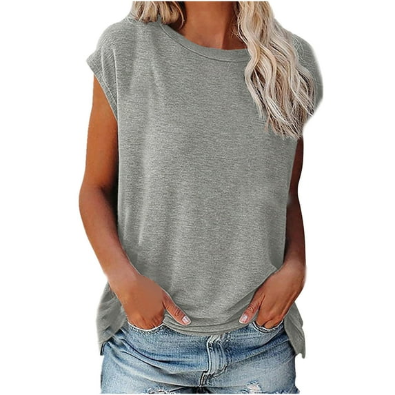 Annhoo Cap Sleeve Shirts for Women Plus Size Summer Basic Round Neck Tops Casual Solid Color Beach Vacation Tees