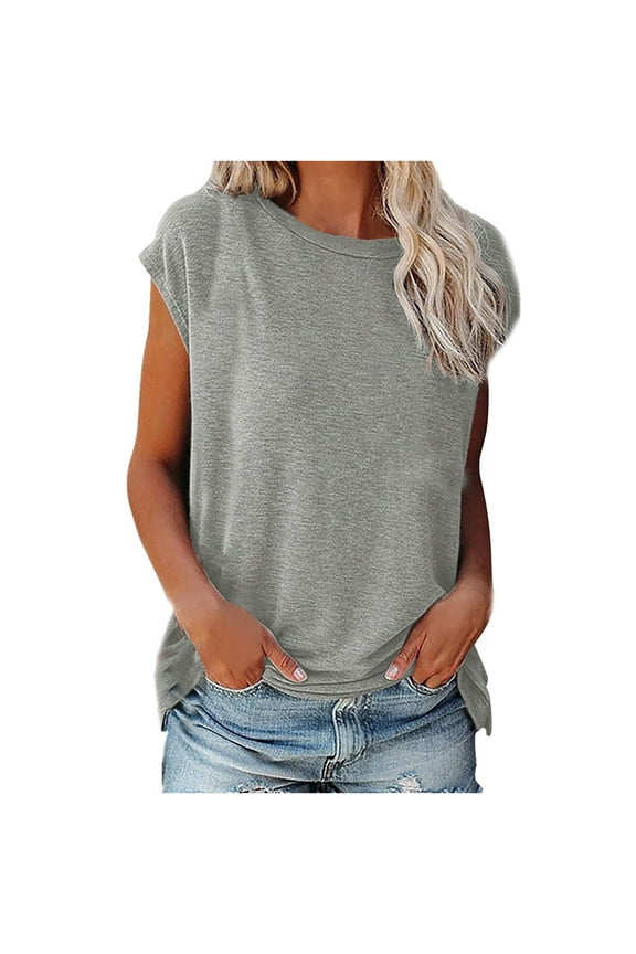 Cap Sleeve Shirts for Women Plus Size Summer Basic Round Neck Tops Casual Solid Color Beach Vacation Tees