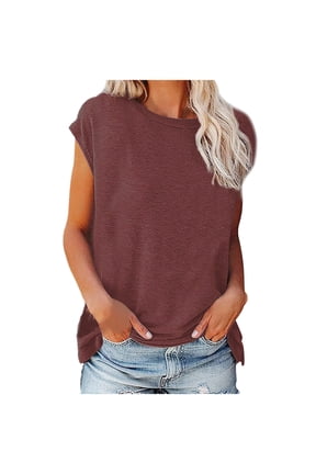 Cap Sleeve Shirts for Women Plus Size Summer Basic Round Neck Tops Casual Solid Color Beach Vacation Tees