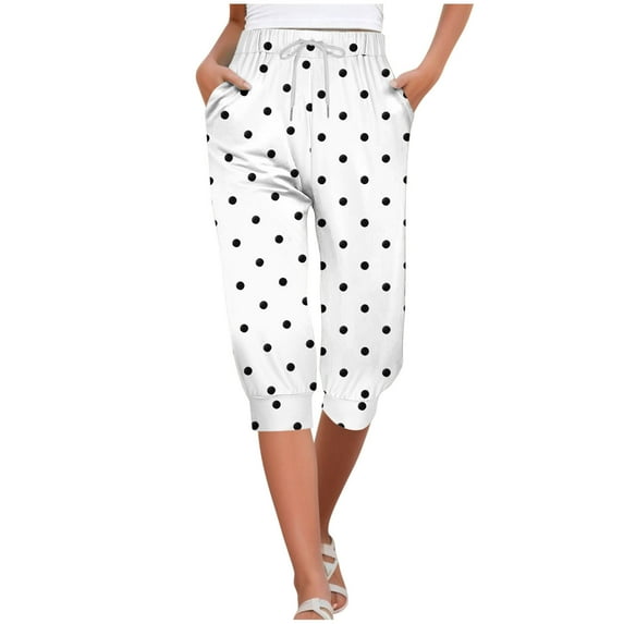 Annhoo Capri Pants for Women Summer Casual Drawstring Elastic Waisted Trendy Polka Dots Trousers with Pockets
