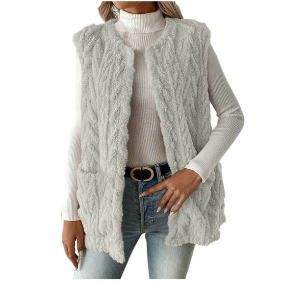 Annhoo Cardigan Sweaters for Women Fleece Sleeveless Crew Neck Jackets Casual Thermal Trendy Outdoor Vacation Coats with Pockets
