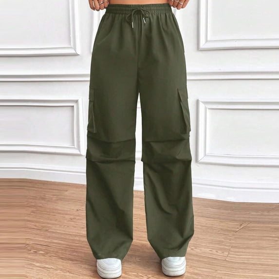 Annhoo Womens Work Pants Solid Color Casual Elastic Waist Loose Sweatpants Drawstring Wide Leg Overalls with Pockets Workwear