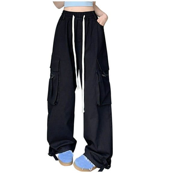 Annhoo Cargo Pants Women Plus Size High Waisted Wide Leg Trousers Ladies Casual Drawstring Elastic Waist Casual Pants