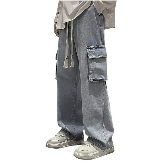 Annhoo Cargo Pants for Men Wide Leg Loose Casual Drawstring Pockets Pant Trendy Going Out Elastic Waist Streetwear Trousers