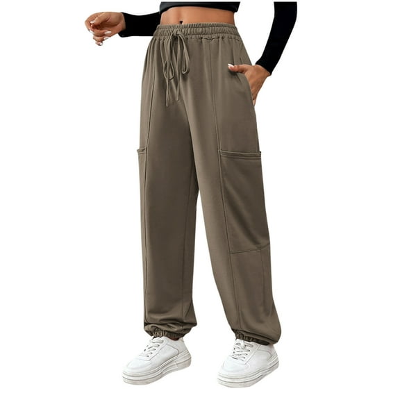 Annhoo Cargo Sweatpants for Women High Waisted Baggy Cinch Bottom Joggers Solid Drawstring Pants with Multi Pockets
